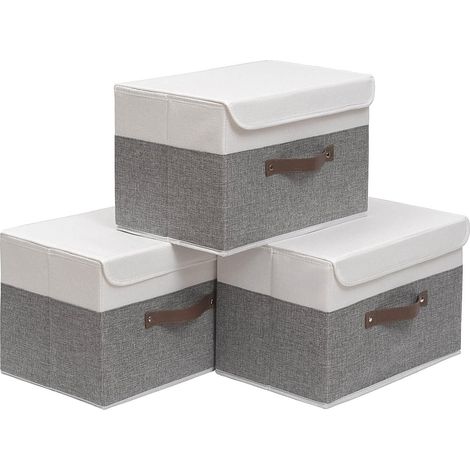 Storage Box, 38 x 25 x 25 cm Foldable Storage Baskets with Lids and Handles, Storage Box for Clothes, Toys, Magazine for Bedroom (3 Pieces, Grey/White) (1/5)
