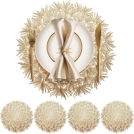 Lntyq Set de Table Rond Lot De 4 Set de Table Lavable 38cm Dessous De Table pour L'Isolation Thermique de L'Assiette et de la Décoration De Table Or