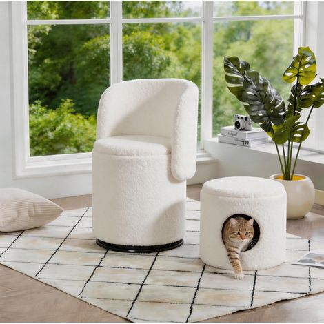 Sillón giratorio con almacenaje, blanco, de tejido Teddy OKMYHOME (1/5)