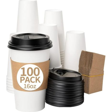 Lot de 100 gobelets à café en papier blanc 16oz avec couvercles noirs bombés et manchons kraft, jetables et améliorés, pour boissons chaudes et froides. (1/5)