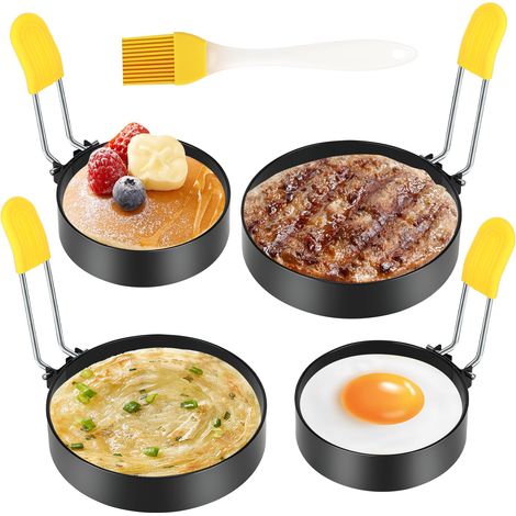 Lot de 4 cercles à œufs antiadhésifs acier inoxydable, avec brosse et couvercle silicone anti-brûlure.