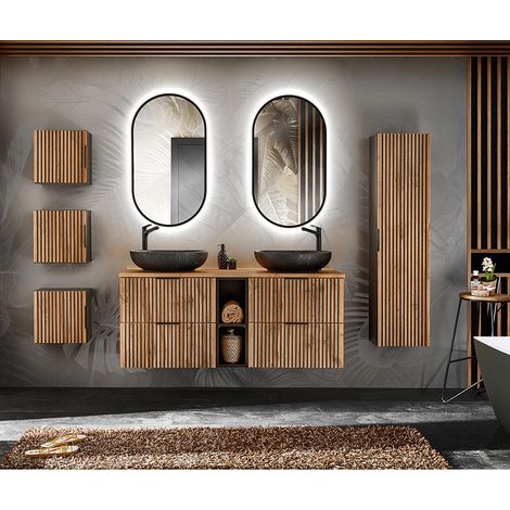 Badezimmer Komplett Set Doppelwaschtisch mit Regal XANTEN-56 in anthrazit mit Eiche Nb. schwarze Rillen, B/H/T: ca. 240/200/46,5 cm (1/5)