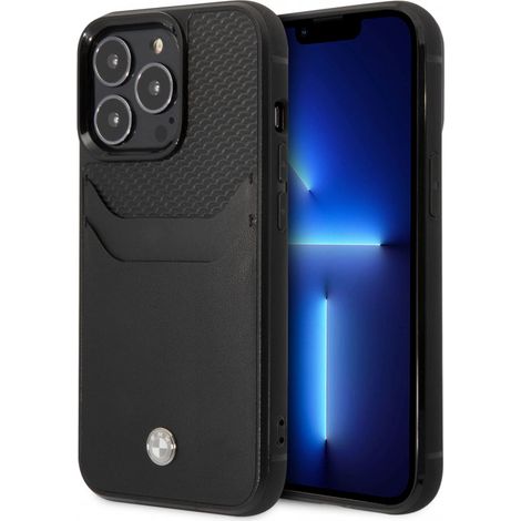 Étui en cuir BMW pour iPhone 14 Pro avec emplacement pour carte, noir