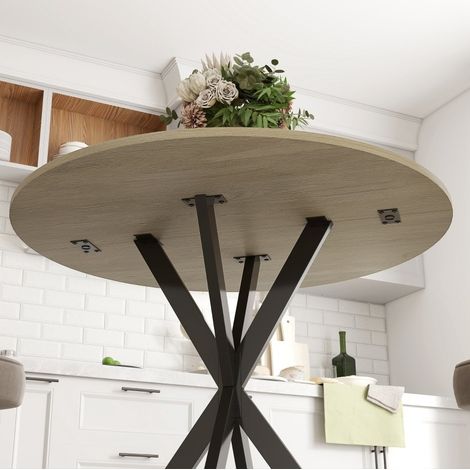 Table à manger ronde industrielle en chêne Ø80 cm avec pieds en acier pour 2 personnes (1/5)