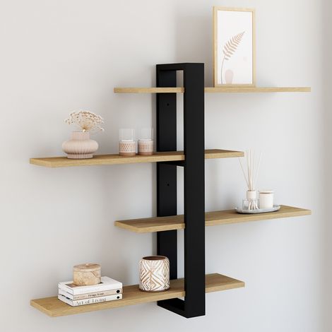 Estantería de pared ORA con estantes deslizantes, 4 niveles, acabado haya y negro (1/5)