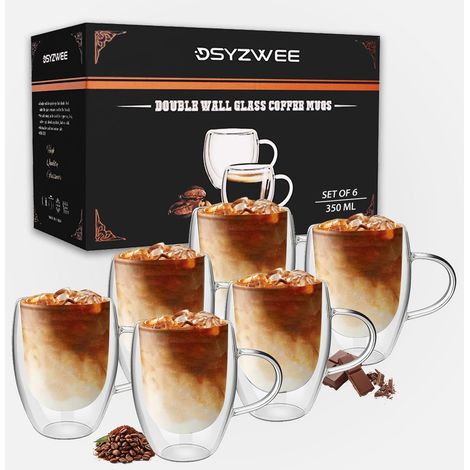 Lot de 6 verres à latte macchiato à double paroi avec anse - 350 ml - Double verre - En verre borosilicate - Avec anse - Pour latte, Iced Americano, lait (1/5)