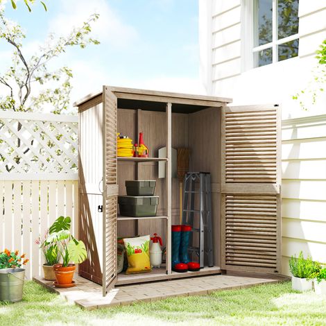 Casetta da giardino 0,83 m² 127x65x168 cm con 2 ante a persiana, 2 ripiani, 2 maniglie e tetto impermeabile in materiale naturale.
