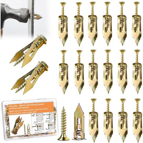 90 PCS Ancres de paroi sèche auto-forage avec kit de vis - 2 tailles Ancres de feuille et 3 tailles Vides d'expansion de zinc, Acier plaqué zinc, Pas de forage nécessaire