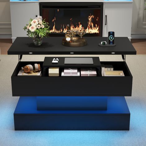 1005051.5cm Couchtisch mit Steckdose,USB-C&USB-Ladebuchse,multifunktionaler Wohnzimmertisch mit LED, anhebbarer Kaffeetish, höhenverstellbar Sofatisch,Beistelltisch und Esstisch mit Stauraum,Schwarz (1/5)