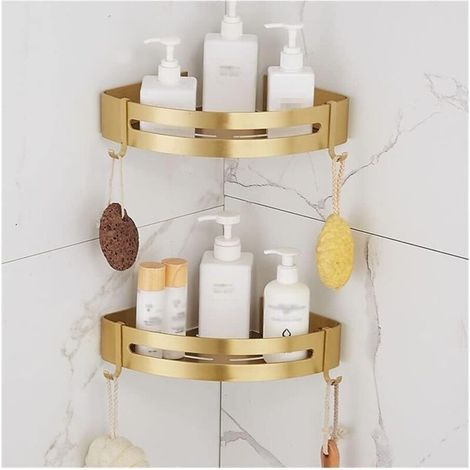Schwebe-Eckregale fürs Badezimmer – Wandregal aus gebürstetem, goldfarbenem Aluminium für Shampoo, Kosmetik und Duschgel – gebürstetes Gold, 2 Stück (1/5)