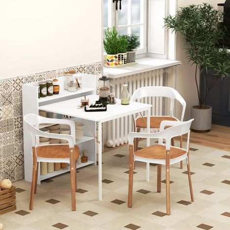 DESMIU Table de salle à manger à rabat avec 3 étagères, fonction anti-basculement, pour cuisine, blanc (1/4)