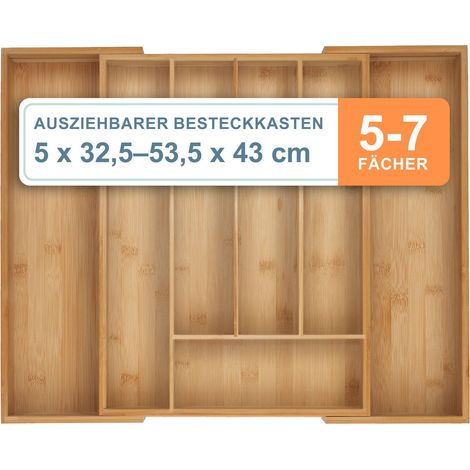 Relaxdays Besteckkasten, 5–7 Fächer, ausziehbarer Besteck Schubladeneinsatz, HxBxT: 5 x 32,5-53,5 x 43 cm, Bambus, natur