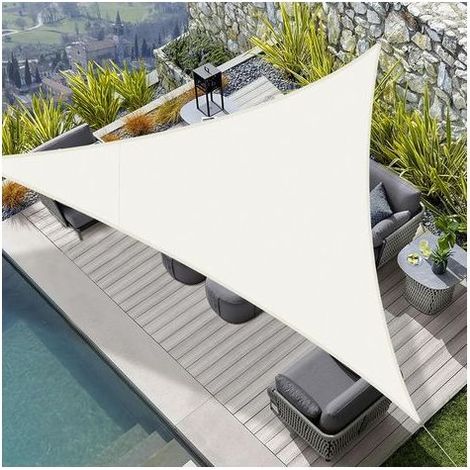Voile d'ombrage triangulaire imperméable blanc cassé 3x3x3 mètres, toile pare-soleil PES anti-ultraviolet, adaptée aux jardins extérieurs, terrasses et balcons. (1/5)