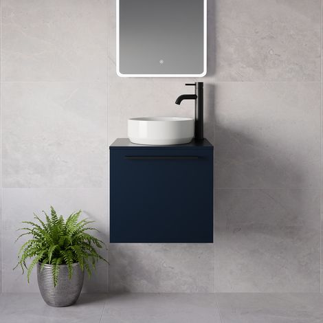 Napoli 390 Deep Blue 500mm Wall Mounted Single Drawer Vanity Unit for Countertop Basins - 500mm - Matt Black 320mm Handle