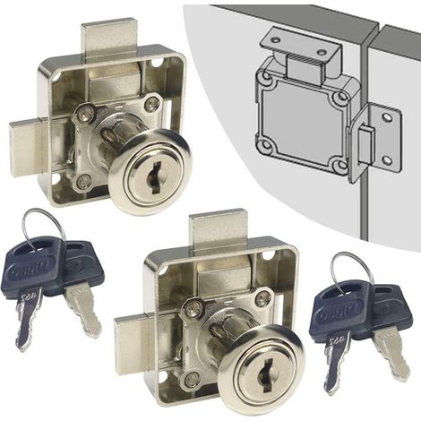 Set di 2 serrature di sicurezza per ante e cassetti di armadi [con chiave unica]. Doppio scrocco per porta [montato sul lato destro della porta]. Per pannelli porta (3/5"-15 mm - 7/8"-2 (1/5)