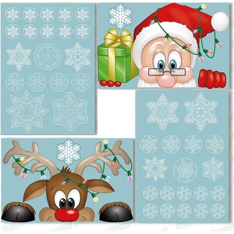 Adesivi natalizi fai da te per finestre - assorbenti e rimovibili - con Babbo Natale, albero di Natale, pupazzo di neve, fiocco di neve e renne per pareti (1/4)
