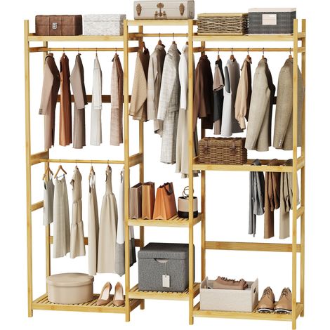 Armoire Dressing en Bamboo 177 x 41.5 x 196cm Naturel Portant à Vêtements Penderie Ouverte Chambre Grand Vestiaire Charge jusqu'à 120kg