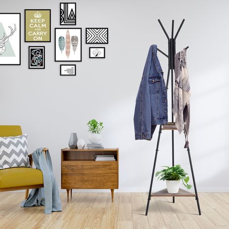 Appendiabiti a treppiede in stile industriale HOMCOM con rami, 2 ripiani + 6 ganci, dimensioni: 52L x 46W x 182H cm, metallo nero, pannelli in truciolato. (1/5)
