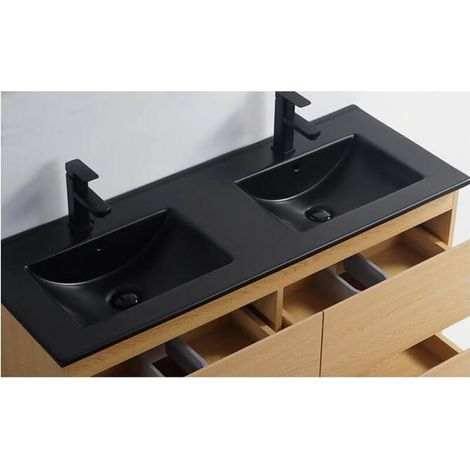 Rue Du Bain – Lavabo encastrable double vasque céramique noir mat 120x46 cm – Vasques avec trop-plein – Installation facile pour robinets sur plage (1/2)