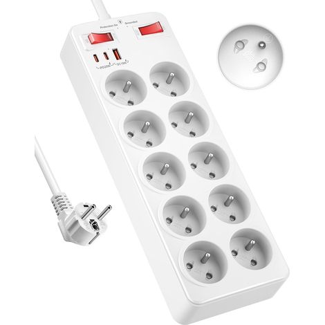 Multiprise 10 Prises Françaises, Bloc Multiprise Parafoudre et Surtension  Bloc Prise Multiple Charge Rapide PD20W (1/5)
