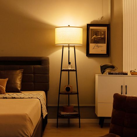 Lampadaire avec étagères en bois. Charge maximale : 15 kg. Lampadaire avec abat-jour en lin. (1/5)