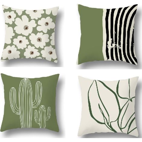 Fodera per cuscino 45x45 cm, set di 4 fodere decorative per divano, moderna fantasia floreale, verde, bianco, beige, lino lavabile, tessuto per esterni. (1/4)