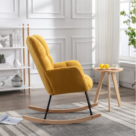 Poltrona a dondolo in tessuto teddy giallo 80x70x95 cm con struttura in legno e metallo (1/5)