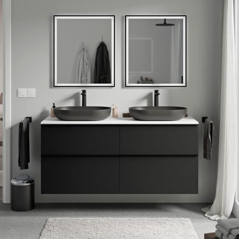 BERNSTEIN - Meuble sous vasque suspendu salle de bain MDF Noir mat, plan vasque Blanc mat, poignée métal Chrome - 120x46x62cm - LAVOA Noir mat, Chrome, Blanc mat