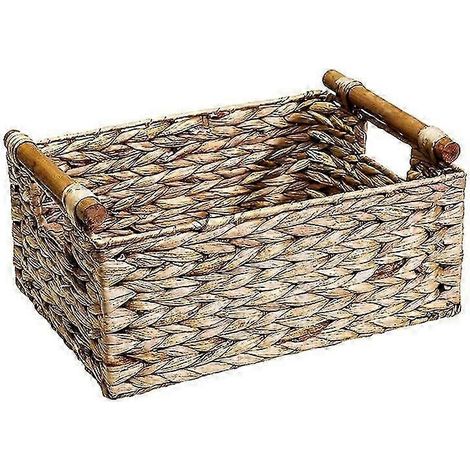 Panier rectangulaire en osier avec poignées en bois pour étagères, panier de rangement en jacinthe d'eau, base naturelle (1/5)