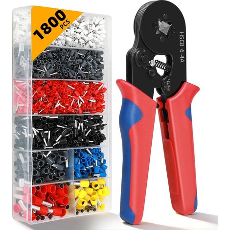 Kit d'outils de sertissage pour embouts - 1 800 embouts pour fils (AWG 23-7) avec pince à sertir à cliquet auto-ajustable, ensemble de connecteurs et d'embouts pour câblage électrique, automobile, aud (1/5)