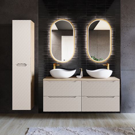Doppelwaschtisch und Hängesäule 120cm Elora mit 4 Schubladen, Beige und Holzoptik