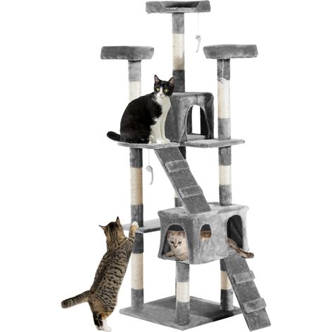 PawHut Cat Tree Scratcher Activity Centre, Condo Scratching Post Toy Bed Grey