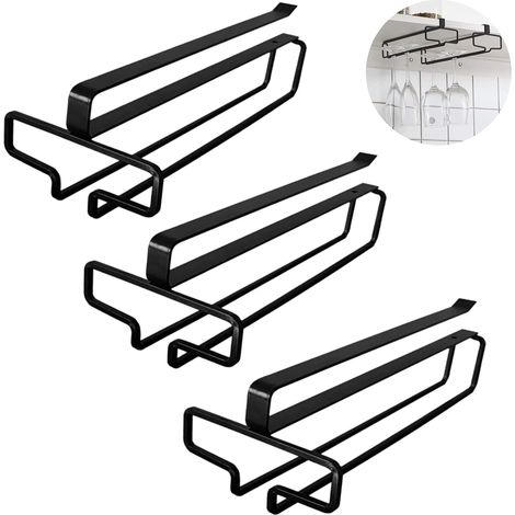 Pieces Hanging Wine Glass Holder, Under Cabinet Wine Glass Holder, No Drilling Hanging Stemware Holder, Metal Glasses Hanger for Shelf for Kitchen Cafe Bar Restaurant (Black) (1/5)