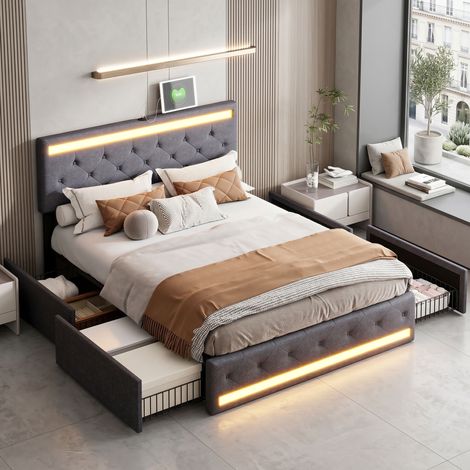 Comanlai - Lit 180x200 avec Lumière LED et port USB, Lit Capitonné avec Tête de Lit adulte Réglable en Hauteur, Lit double avec 4 tiroirs, Lit Coffre, Lin, Gris (180x200 cm) (1/5)