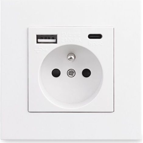 French Socket Panel Type-c+USB16A Type 86, Number of Sockets: 2 Holes, Number of USB Ports: 1, Number of Type-c Ports: 1, Safe and Firm(White) (1/4)