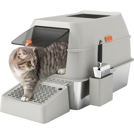 Bac à litière pour chat, en acier inoxydable, gris clair, nettoyage pratique, toilettes chat maison, usage maison, format pratique moderne