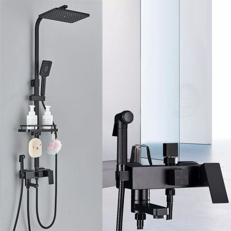 Zamery – Colonne de douche encastrée noire avec mitigeur 4 modes – Douche de pluie et douchette à main 3 modes – Robinet baignoire et pulvérisateur bidet – Étagère intégrée (1/5)