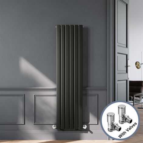 ELEGANT Designer Black Vertical Radiator 1600 x 408mm Double Panel Flat Panel Rads with Chrome Angled Radiator Valves (1/5)