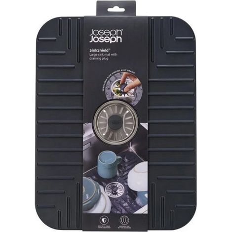 SinkShield™, Joseph Joseph, protector de fregadero, protector para utensilios, tapón de drenaje removible, ranuras para drenaje, color gris.