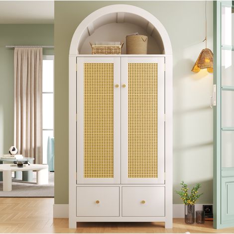 Armario 181 x 78 x 45 cm con frontal de ratán, 2 puertas, 2 cajones y barra, blanco DESVIAE (1/5)