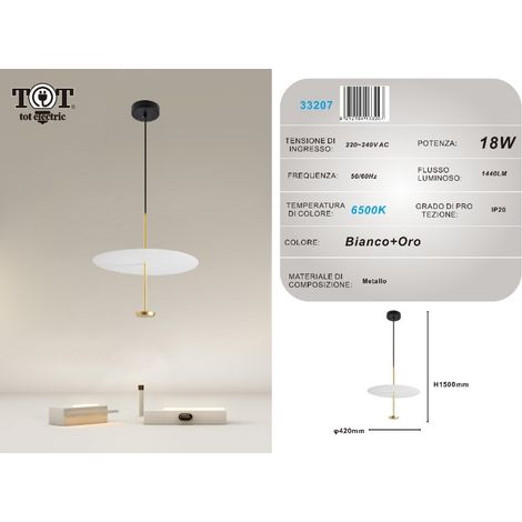 Lampadario a sospensione luce led 18w disco paralume piatto oro rotondo design minimal moderno Bianco freddo