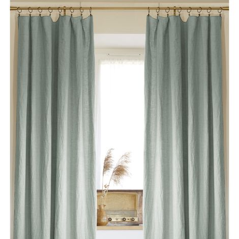 Lot de 2 rideaux ajustables en lin lavé avec 8 anneaux pince 140 x 270 cm Eucalyptus (1/5)