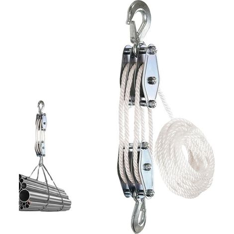 Palan à corde 15m – Charge max 500kg – Corde en polyéthylène haute résistance – Crochets rotatifs en alliage de zinc (1/5)