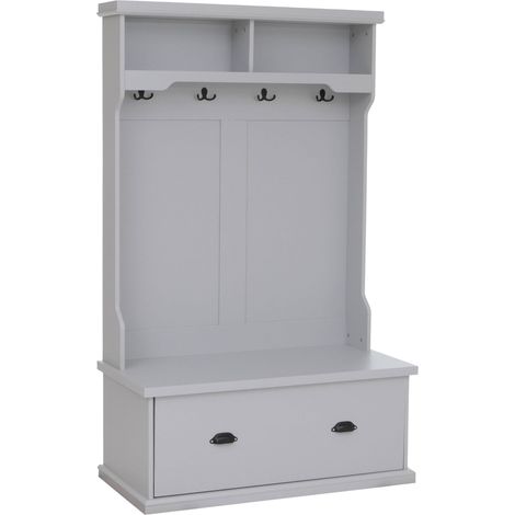 Garderobe HHG-671, Flurgarderobe Holzgarderobe Sitzbank, 4 Haken Staufach Ablage Melamin 163x100x47cm hellgrau