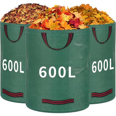 Très grande capacité de 600 L : ce lot contient 3 sacs à déchets de jardin réutilisables, chacun d'une capacité de 600 L (hauteur 100 cm x diamètre 85 cm). Parfait pour de grandes quantités de sacs (1/5)