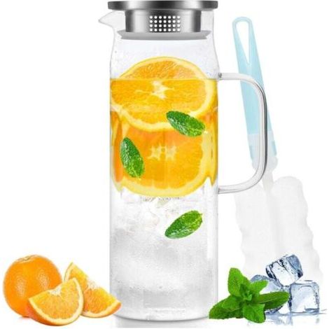 Pichet en verre, pichet en verre de 1,5 litre avec couvercle, bouteilles et pichets en verre, pichet à thé glacé, bouteille d'eau avec poignée, pichet en verre borosilicate résistant à la chaleur, pic (1/4)