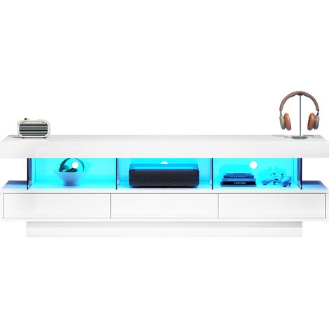 160×38×50,5 cm Meuble TV blanc brillant avec 3 étagères en verre, éclairage LED, contrôle via application et Bluetooth, pour téléviseurs jusqu’à 70 pouces (1/5)