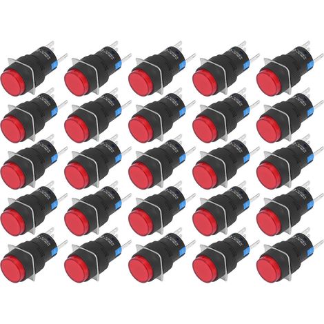 Lot de 25 boutons-poussoirs ronds miniatures de 16 mm à retour automatique avec voyant lumineux 12 V pour équipements d'automatisation (rouge). (1/5)