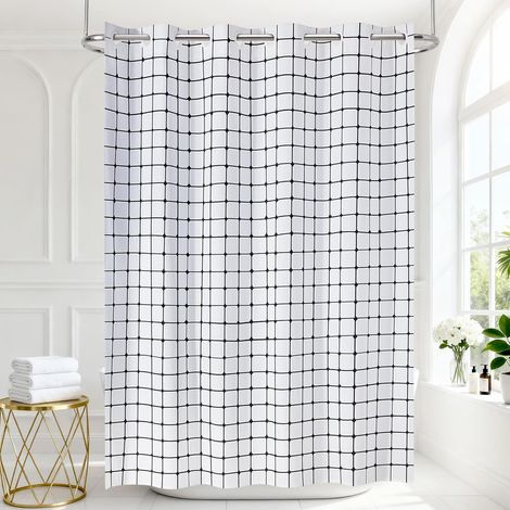 Rideau de douche sans crochets, à carreaux, lin polyester, revêtement imperméable, style champêtre, rustique, shabby chic, neutre, 182 x 190 cm (1/5)