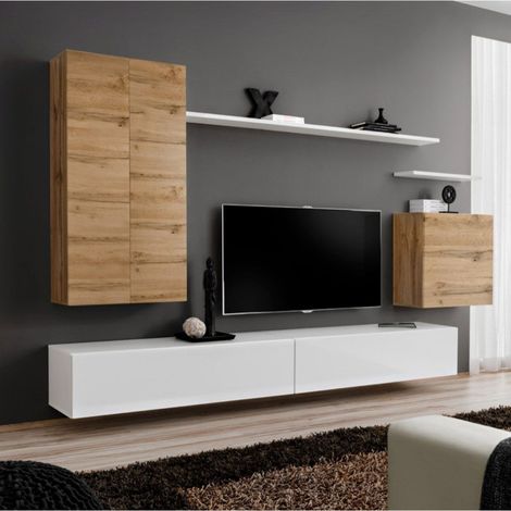 Meuble TV Mural Design "Switch II" 270cm Naturel & Blanc (1/4)